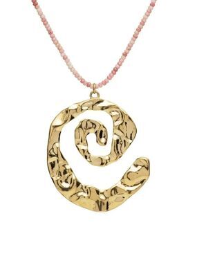 Gold Spiral Pendant Necklace with Pink Beaded Chain - Women’s Fashion Jewelry